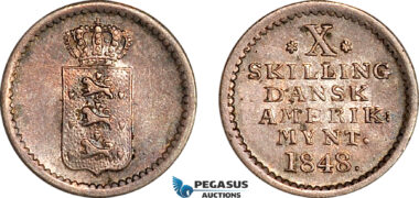 AK053, Danish West Indies, Frederik VII, 10 Skilling 1848, Silver, Toned AU
