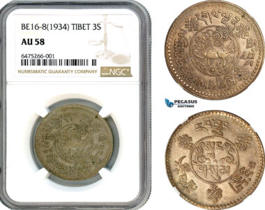 AK066, China, Tibet, 3 Srang BE16-8 (1934) Silver, NGC AU58