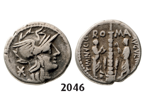 05.05.2013, Auction 2/2046. Roman Republic, Ti. Minucius C.f. Augurinus (134 BC) Denarius, Rome, Silver (3.81g)