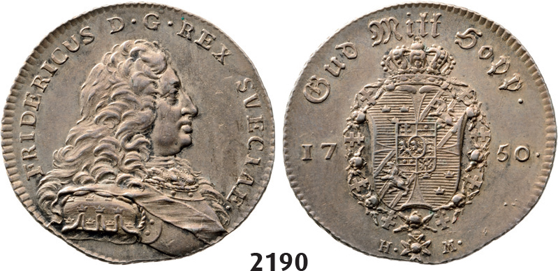 05.05.2013, Auction 2/ 2190. Sweden, Fredrik I, 1720-1751, ¼ Riksdaler 1750, Stockholm, Silver
