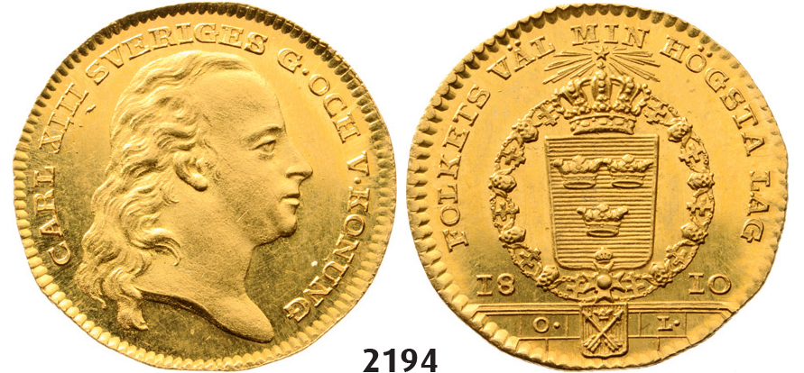 05.05.2013, Auction 2/2194. Sweden, Karl XIII, 1809-1818, Dukat 1810-O/L, Stockholm, GOLD