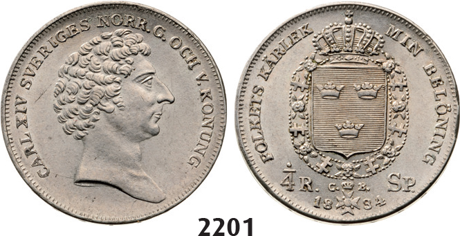 05.05.2013, Auction 2/2201. Sweden, Karl XIV Johan, 1818-1844, ¼ Riksdaler Specie 1834C/B, Stockholm, Silver