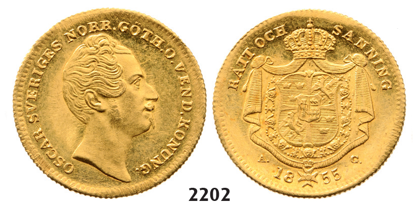 05.05.2013, Auction 2/2202. Sweden, Oskar I, 1844-1859, Dukat 1855-A/G, Stockholm, GOLD