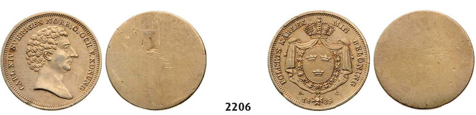 05.05.2013, Auction 2/2206. Sweden, Patterns & Trial strikes, Karl XIV Johan, 1818-1844, Pair of uniface strikes of 4 Dukat 1839A/G, Stockholm (SM 3) Gild, Unknown metal