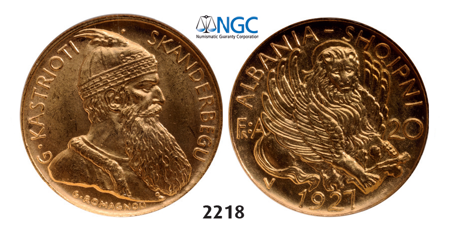 05.05.2013, Auction 2/2218. Albania, Ahmed Bey Zogu I, 1928-1939, 20 Franga Ari, 1927V, Vienna, GOLD, NGC MS65