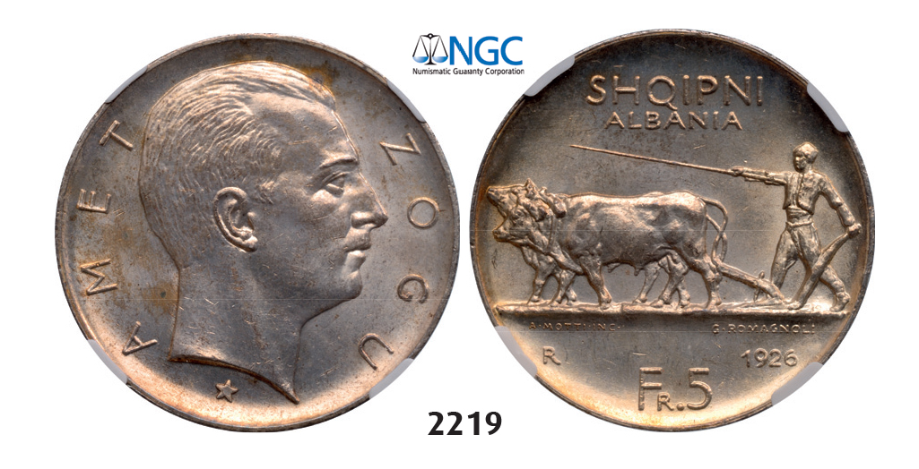 05.05.2013, Auction 2/2219. Albania, Ahmed Bey Zogu I, 1928-1939, 5 Franga Ari, 1926R, Rome. Obv., NGC MS64