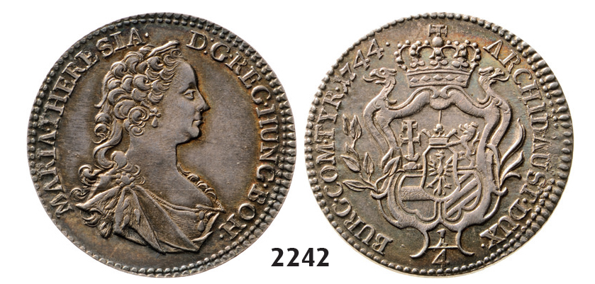 05.05.2013, Auction 2/2242. Austria, Maria Theresia, 1740-1780, ¼ Taler 1744, Hall, Silver