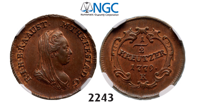 05.05.2013, Auction 2/2243. Austria, Maria Theresia, 1740-1780, 1 Kreuzer 1779K, Kremnitz, Copper, NGC MS64BN