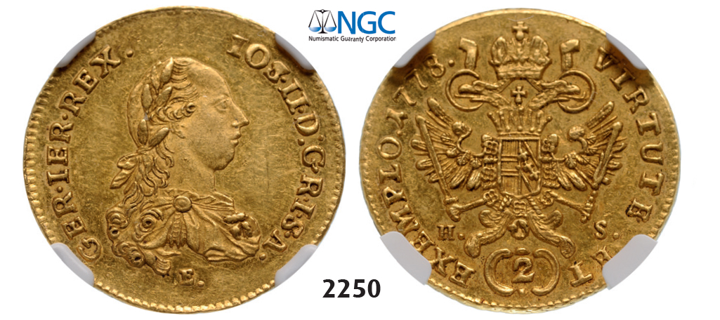 05.05.2013, Auction 2/2250. Austria, Joseph II. as coregent, 1765-1780, 2 Ducats 1778-E/HS, Karlsburg, GOLD , NGC MS61