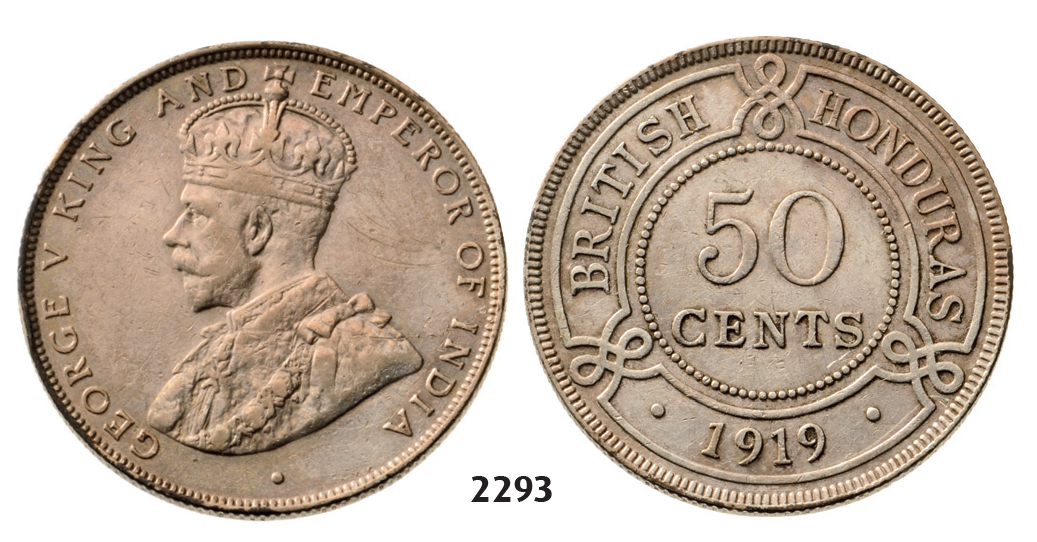 05.05.2013, Auction 2/2293. British Honduras, George V, 1910-1936 George, 50 Cents 1919, Silver