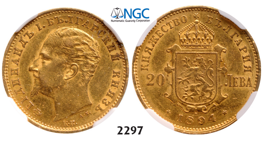 05.05.2013, Auction 2/ 2297. Bulgaria, Ferdinand I, 1887-1918, 20 Leva 1894-KБ, Kremnica, GOLD, NGC AU53