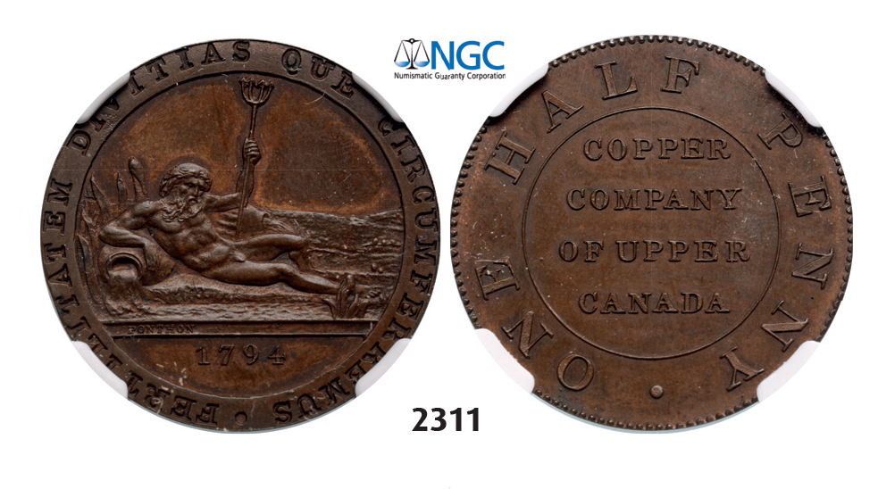 05.05.2013, Auction 2/2311. Canada, Upper Canada, Tokens, Token ½ Penny 1794 Dated Restrike, Soho, Copper, NGC PF64BN