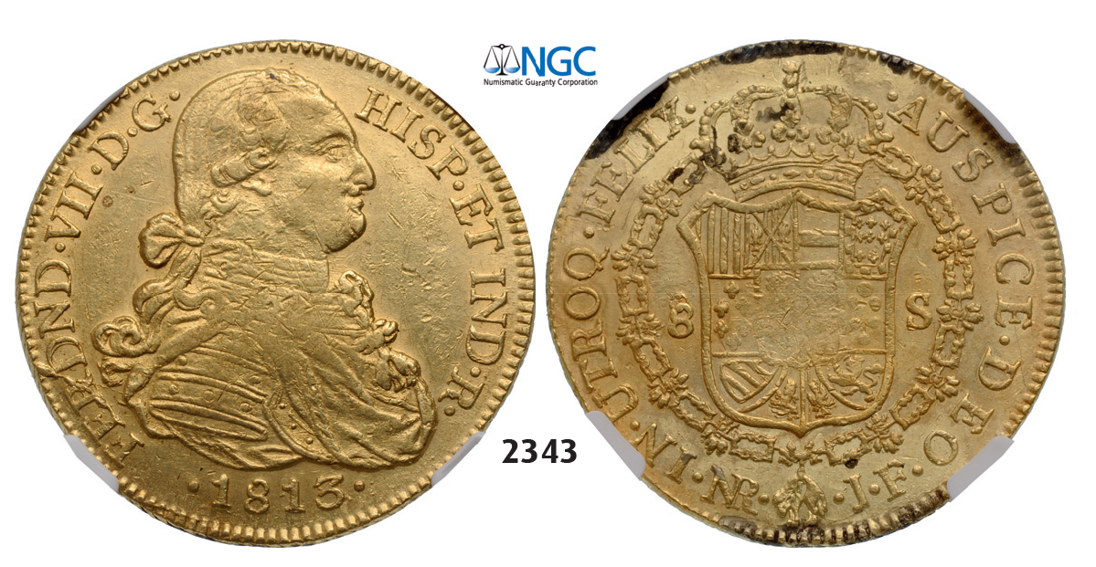 05.05.2013, Auction 2/2343. Colombia, Spanish Colony, 1525-1819, Ferdinand VII, 1808-1833, 8 Escudos 1813-NR/JF, Santa Fe (Bogota) GOLD, NGC AU