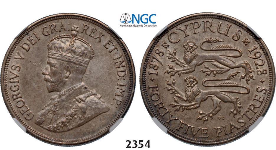 05.05.2013, Auction 2/2354. Cyprus, George V, 1910-1936, 45 Piastres 1928, London, Silver, NGC AU55