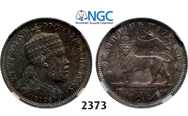 05.05.2013, Auction 2/ 2373. Ethiopia, Menellik II, 1889-1913, ¼ Birr EE1889-A, Paris, Silver , NGC MS62