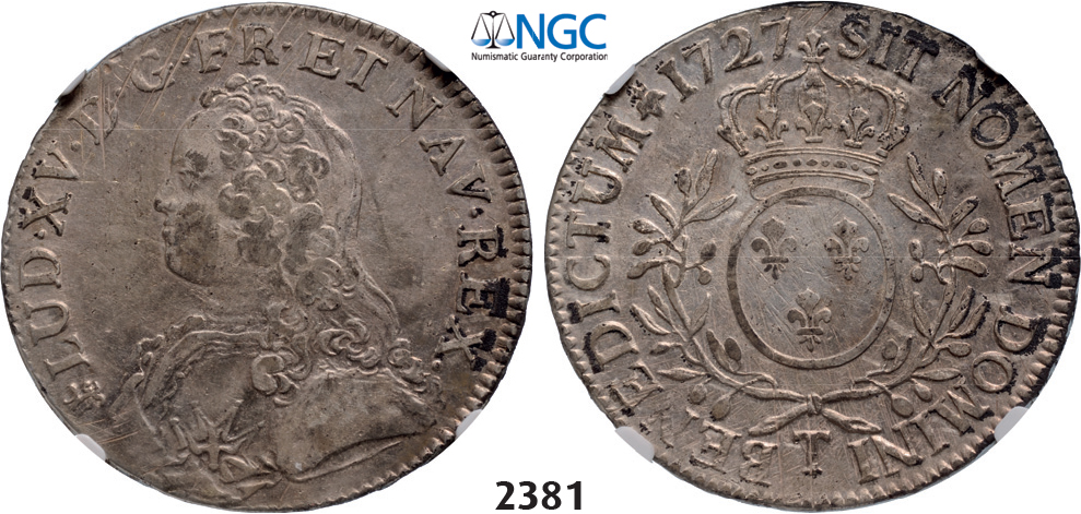 05.05.2013, Auction 2/2381. France, Louis XV, 1715-1774, Ecu 1727-T, Nantes, Silver, NGC AU