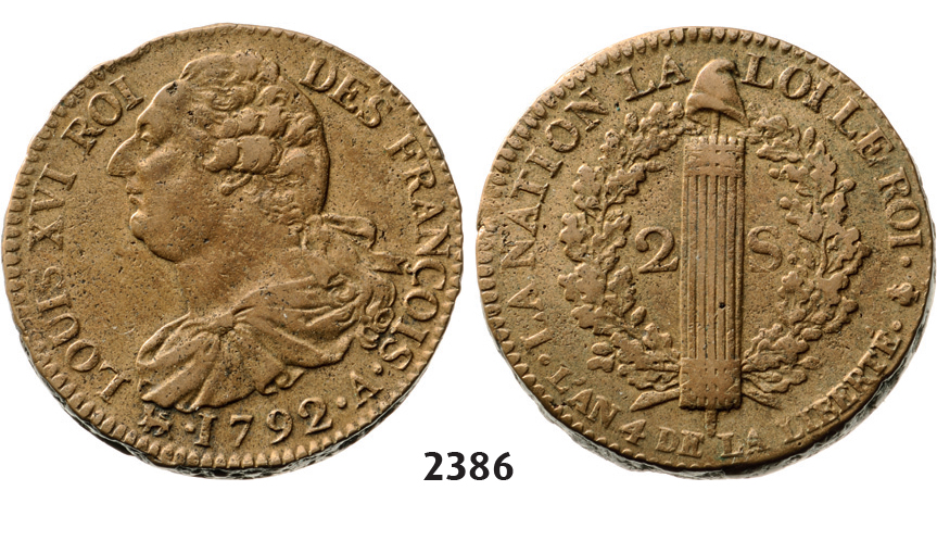 05.05.2013, Auction 2/2386. France, Louis XVI, 1774-1792, 2 Sols 1792-A, Paris, Bronze