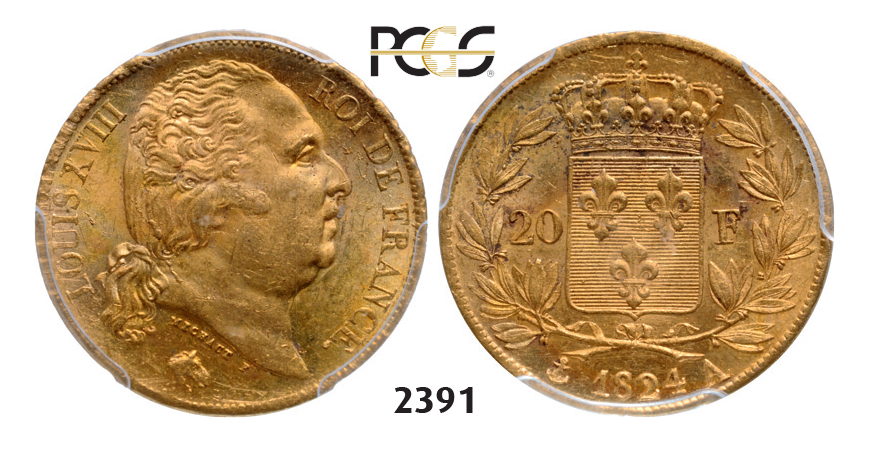 05.05.2013, Auction 2/2391. France, Louis XVIII, 1814-1815/1815-1824, 20 Francs 1824-A, Paris, GOLD, PCGS MS63