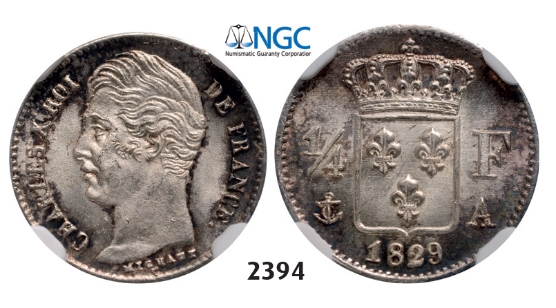 05.05.2013, Auction 2/2394. France, Charles X, 1824-1830, ¼ Franc 1829-A, Paris, Silver, NGC MS68
