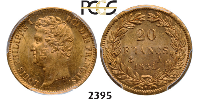 05.05.2013, Auction 2/2395. France, Louis Philippe, 1830-1848, 20 Francs 1831-A, (Raised lettering) Paris, GOLD, PCGS MS62