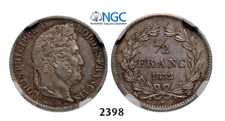 05.05.2013, Auction 2/2398. France, Louis Philippe, 1830-1848, ½ Franc 1832-B, Rouen, Silver, NGC MS62