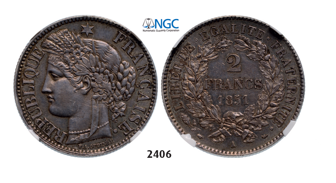 05.05.2013, Auction 2/2406. France, Second Republic, 1848-1852 , 2 Francs 1851-A, Paris, Silver, NGC MS62