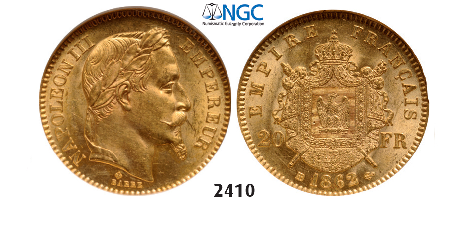 05.05.2013, Auction 2/2410. France, Napoleon III, 1852-1870, 20 Francs 1862-BB, Strasbourg, GOLD, NGC MS62