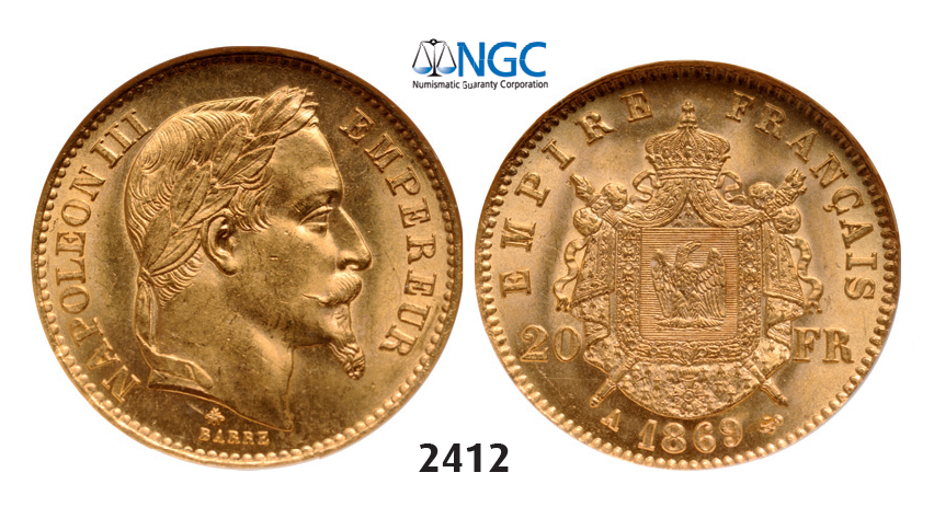 05.05.2013, Auction 2/2412. France, Napoleon III, 1852-1870, 20 Francs 1869-A, Paris, GOLD, NGC MS62