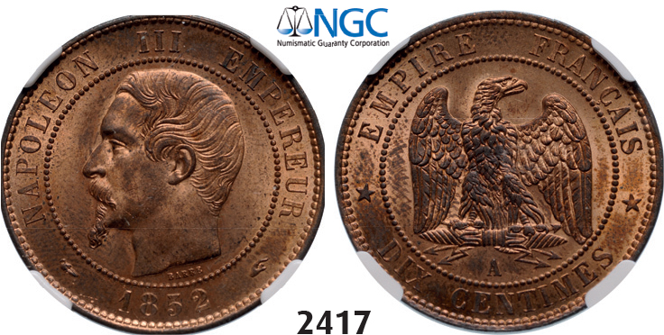 05.05.2013, Auction 2/2417. France, Napoleon III, 1852-1870, 10 Centimes 1852-A, Paris, Bronze, NGC MS64RB