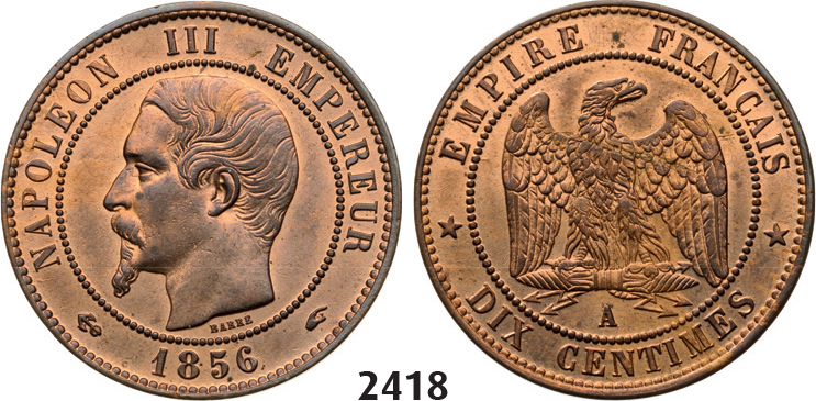 05.05.2013, Auction 2/2418. France, Napoleon III, 1852-1870, 10 Centimes 1856-A, Paris, Bronze