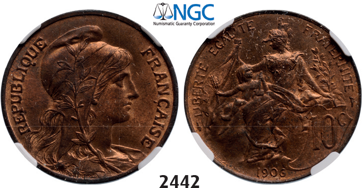 05.05.2013, Auction 2/2442. France, Third Republic, 1871-1940, 10 Centimes 1906, Bronze, NGC MS64RB