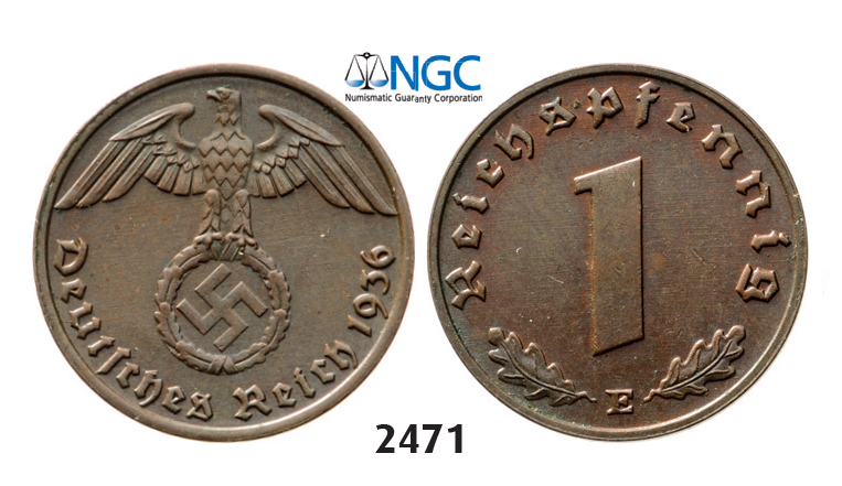 05.05.2013, Auction 2/2471. Germany, Third Reich, 1933-1945, 1 Reichpfennig 1936-E, Muldenhutten, Copper, NGC MS63BN