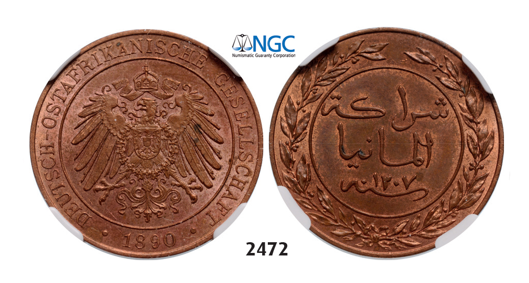 05.05.2013, Auction 2/2472. Germany, German East Africa, Wilhelm II, 1888-1918, Pesa 1890, Berlin, Copper, NGC MS63RB