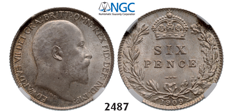 05.05.2013, Auction 2/2487. Great Britain, Edward VII, 1901-1910, 6 Pence 1909, London, Silver, NGC MS65