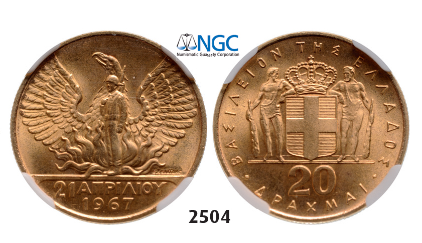 05.05.2013, Auction 2/2504. Greece, Constantine II, 1964-1973, 20 Drachmai, No Date (1970) GOLD , NGC MS65