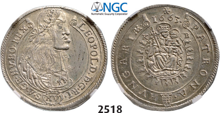 05.05.2013, Auction 2/2518. Hungary, Leopold, 1657-1705, 15 Krajczar 1663-KB, Kremnitz, Silver