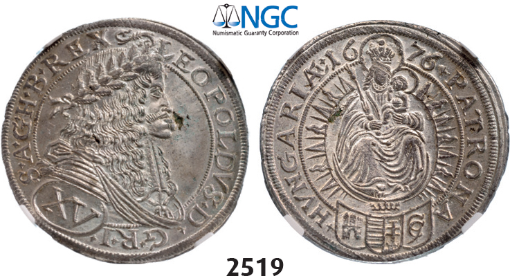05.05.2013, Auction 2/2519. Hungary, Leopold, 1657-1705, 15 Krajczar 1676-CC, Kaschau, Silver