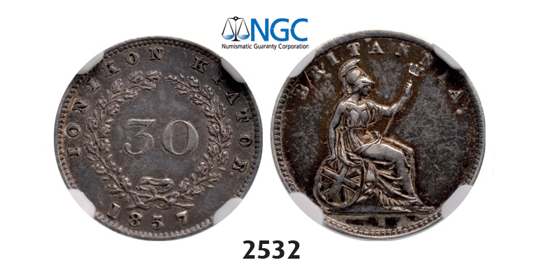 05.05.2013, Auction 2/2532. Ionian Islands, British administration, 30 Lepta 1857, Silver, NGC AU50