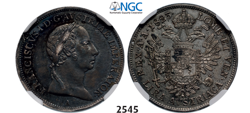 05.05.2013, Auction 2/2545. Italy, Lombardy-Venetia, Franz II. Habsburg, 1792-1835, Lira 1823-A, Vienna, Silver, NGC AU55