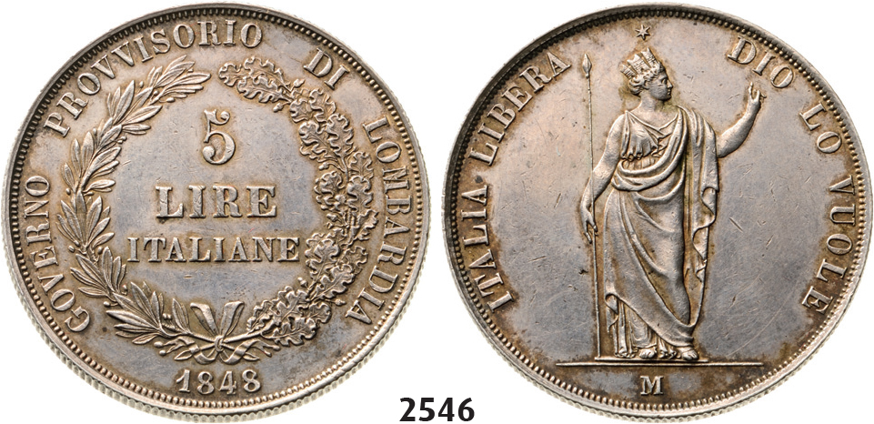 05.05.2013, Auction 2/2546. Italy, Provisional Government, 5 Lire 1848-M, Milan, Silver