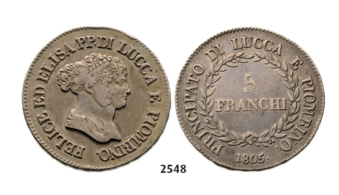 05.05.2013, Auction 2/2548. Italy, Lucca, Elisa Bonaparte & Felice Baciocchi, 1805-1814, 5 Franchi 1805, Silver