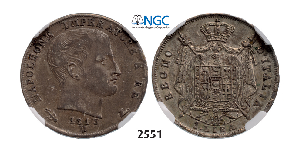 05.05.2013, Auction 2/2551. Italy, Kingdom of Napoleon, Napoleon I, 1804-1814, Lira 1813M, Milan, Silver , NGC AU53
