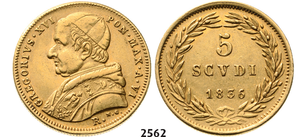 05.05.2013, Auction 2/2562. Italy, Papal States, Gregory XVI, 1831-1846, 5 Scudi 1836 (VI) R, Rome, GOLD