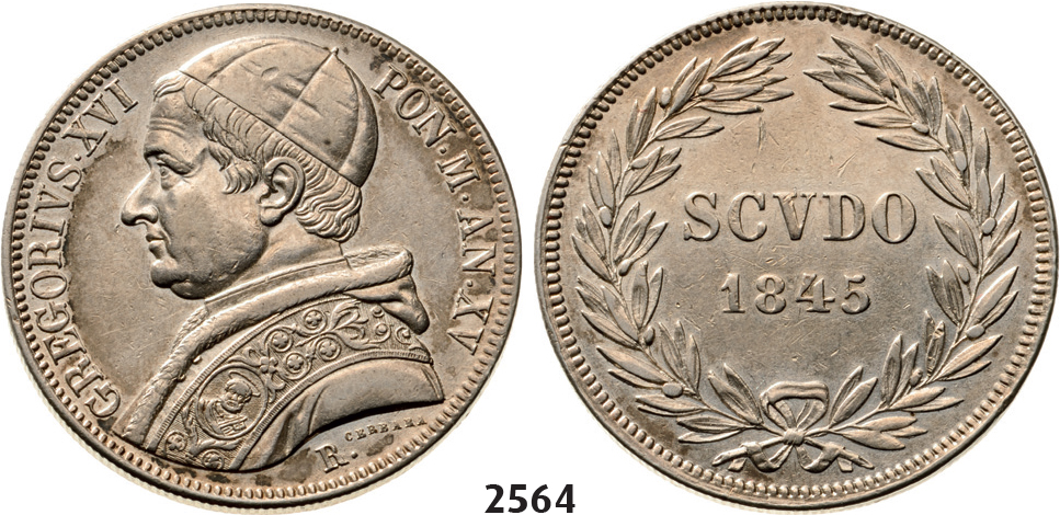 05.05.2013, Auction 2/2564. Italy, Papal States, Gregory XVI, 1831-1846, Scudo 1845 (XV) –R, Rome, Silver