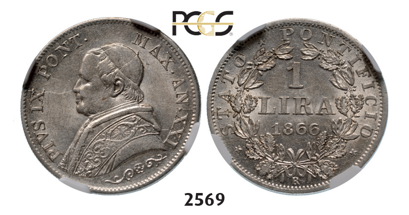 05.05.2013, Auction 2/2569. Italy, Papal States, Pius IX, 1846-1878, Lira 1866-R (XXI) Rome, Silver, PCGS MS64