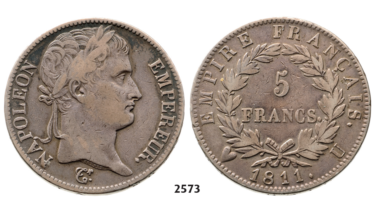 05.05.2013, Auction 2/2573. Italy, Piedmont (French), Napoleon I. as Emperor, 1804-1814, 5 Francs 1811-U, Turin, Silver