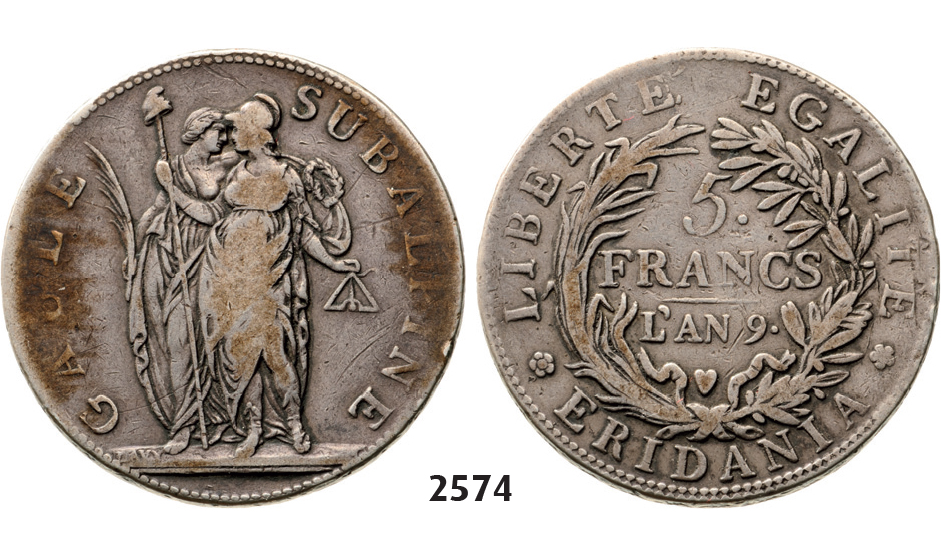 05.05.2013, Auction 2/2574. Italy, Piedmont Republic, 5 Francs L'An 9 (1801) Turin, Silver