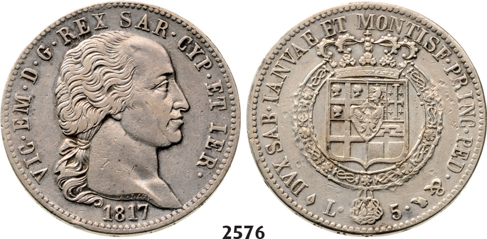 05.05.2013, Auction 2/2576. Italy, Sardinia,Vittorio Amanuele I, 1814-1821, 5 Lire 1817-L, Turin, Silver