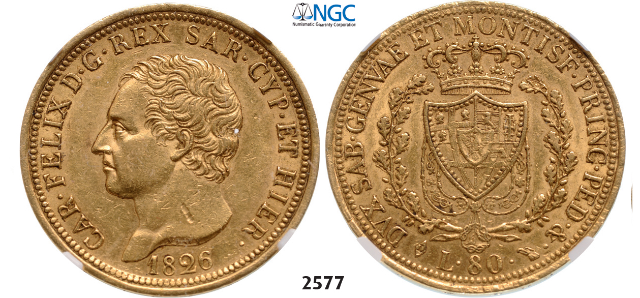 05.05.2013, Auction 2/2577. Italy, Sardinia, Carlo Felice, 1821-1831, 80 Lire 1826-L, Turin, GOLD, NGC AU55