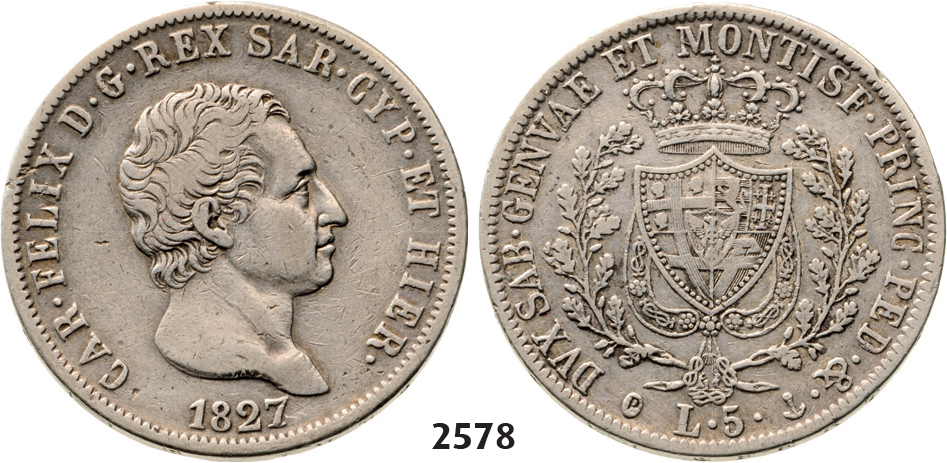 05.05.2013, Auction 2/2578. Italy, Sardinia, Carlo Felice, 1821-1831, 5 Lire 1827-P, Genova, Silver